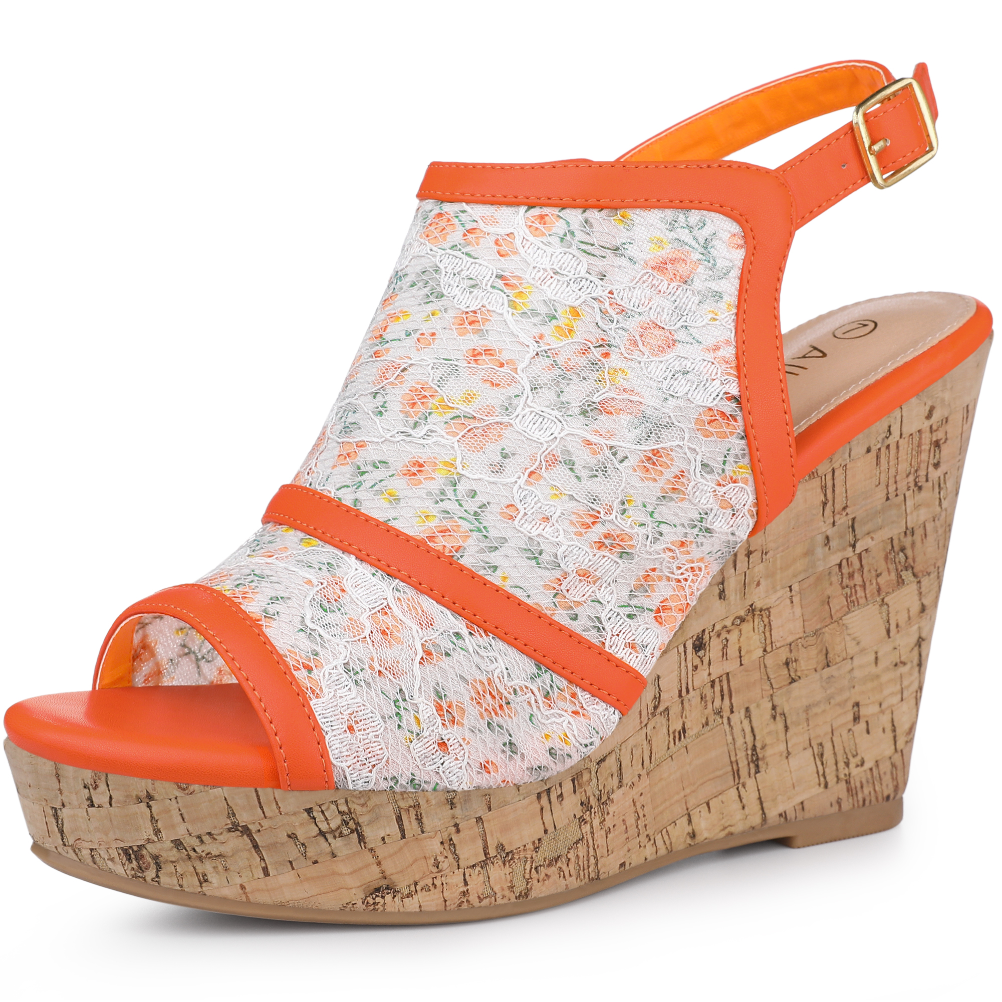 BLISSFUL STEP Chaussures pour Femmes Sandales Compensées à Bout Ouvert à Plateforme avec Lacets Fleur Orange 9
