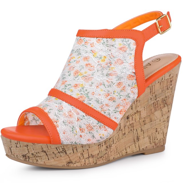 BLISSFUL STEP Chaussures pour Femmes Sandales Compensées à Bout Ouvert à Plateforme avec Lacets Fleur Orange 9