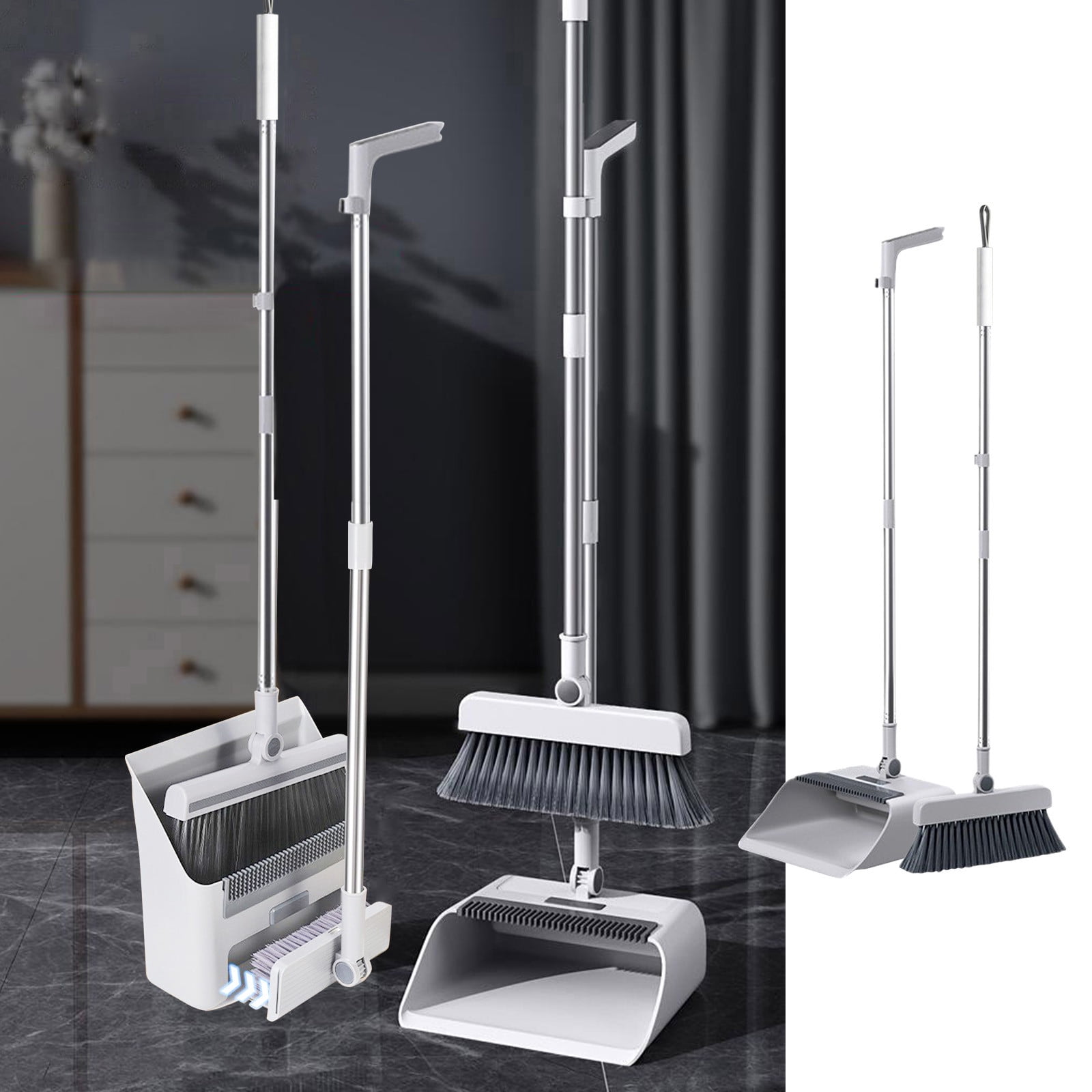 LSLJS Brooms and Dustpan Floor Brush 3-in-1 Set Household Cleaning Supplies Stainless Steel Handle Brooms and Dustpan Combo Set for Home Office, Broom and Dustpan