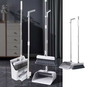 LSLJS Balais et brosse de plancher de lapiste 3-in-1 Set de nettoyage ménager Poignées en acier inoxydable Balais et Combo de Dustpan Set pour le bureau à domicile, balais et dustpan