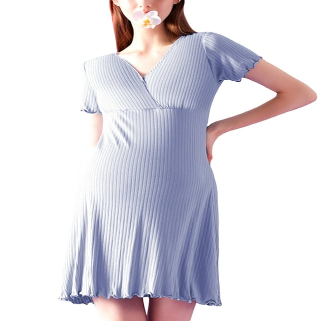 Robe de Maternité à Manches Courtes pour Femmes, Col en V, Volants, Chemise de Nuit de Maternité