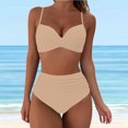 thumbnail image 2 of Huesdet Women's High Waisted Bikini Ribbed Two Piece Swimsuit High Cut Color Block Adjustable Straps Bathing Suit(Khaki,XXL), 2 of 7