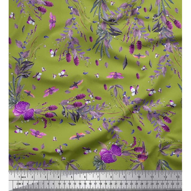Soimoi Tissu en Velours Vert Imprimé Insectes, Roses et Feuilles au Mètre 58 Pouces de Large