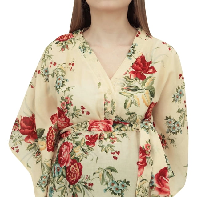 Bimba Caftan Imprimé Floral Jaune Pâle pour Mamans avec Ceinture Robe Maxi de Maternité-18