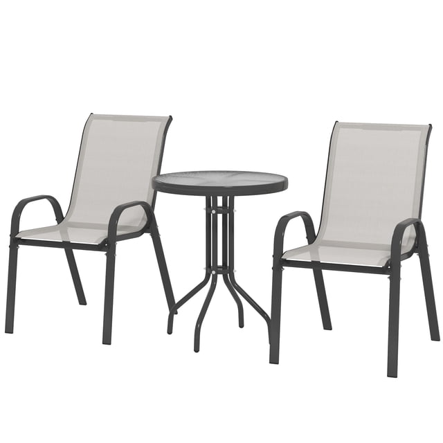 3-Piece Outdoor Bistro Set, Stackable Mesh Armchairs and Round Tempered Glass Table, Powder-Coated Steel Furniture for Small Patio, Balcony, Garden and Porch, Light Grey