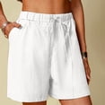 thumbnail image 3 of Women's Linen Summer Shorts Solid Color Comfortable Elastic Wide Leg Casual Shorts White, 3 of 8