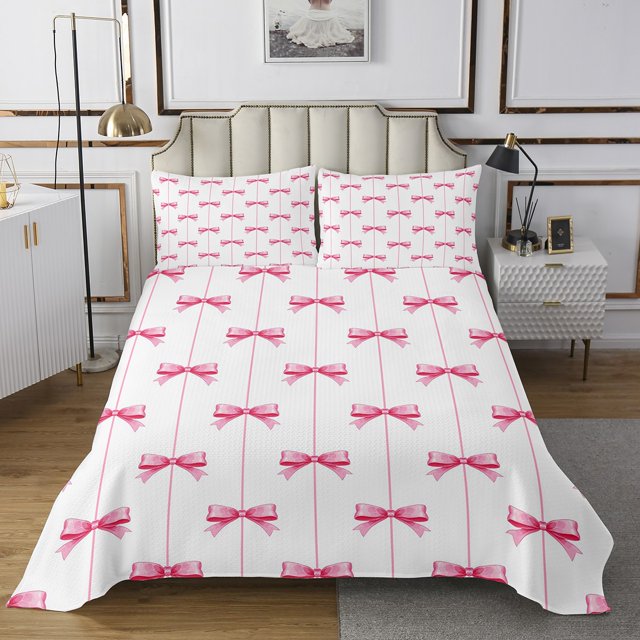 Erosebridal Bowknot Coverlet Set King for Teens, Princess Ribbon Bedding Set, Cartoon Decor 3pcs