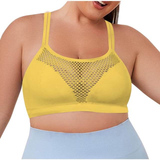 Hontri Women's Solid Color Underwire Bra - Large Size Hollow Sports Yellow M