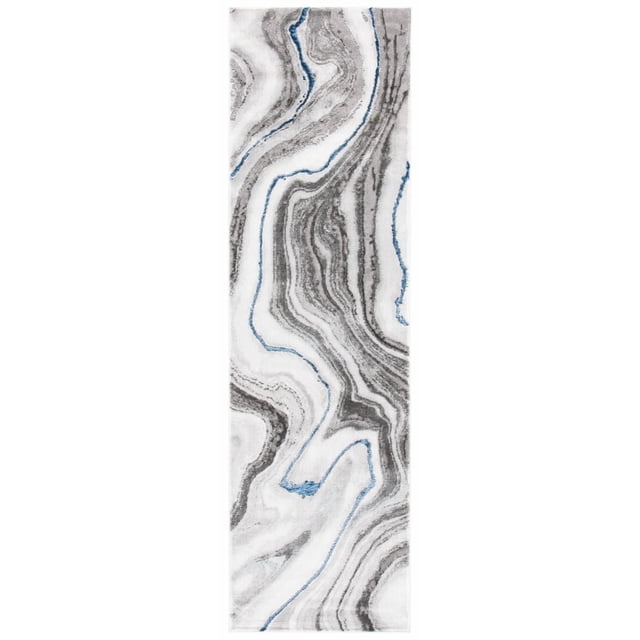 SAFAVIEH Craft Angjelko Abstract Area Rug with swirling grey and white abstract patterns accented by blue lines, crafted from soft synthetic yarns for durability and comfort, suitable as a contemporary accent rug.