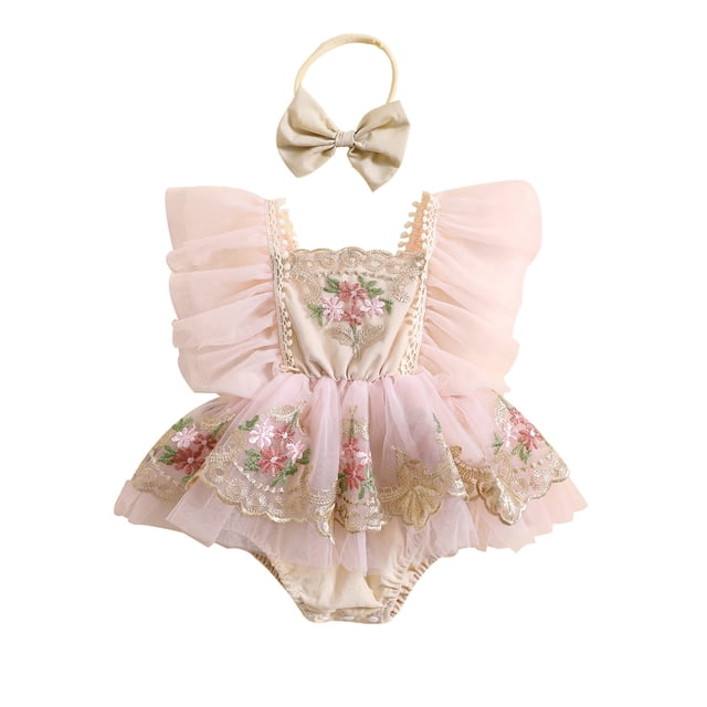 Gupgi Infant Girl Embroidery Flower Romper Baby Fly Sleeve Princess Tulle Jumpsuit in pink lace with floral embroidery and fly sleeves. Includes a matching bowknot headband. Perfect baby girl bodysuit for newborns to 24 months, ideal for summer occasions like birthdays, photography, and family gatherings.