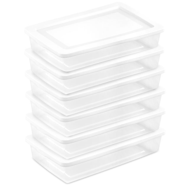 Sterilite 41 Qt Storage Box, Stackable Plastic Container, Home Organizer, 6 Pack. A set of six white plastic storage containers with clear bases and opaque lids, designed for home organization. Each box has a 41-quart capacity and measures 29 3/8 inches long, 18 inches wide, and 6 inches high. The clear base allows for easy identification of contents, while the snap-on lids ensure secure closure. The recessed lids enable stable stacking, maximizing vertical storage space. Ideal for storing seasonal clothing, linens, or household items. BPA-free and phthalate-free, made in the USA.