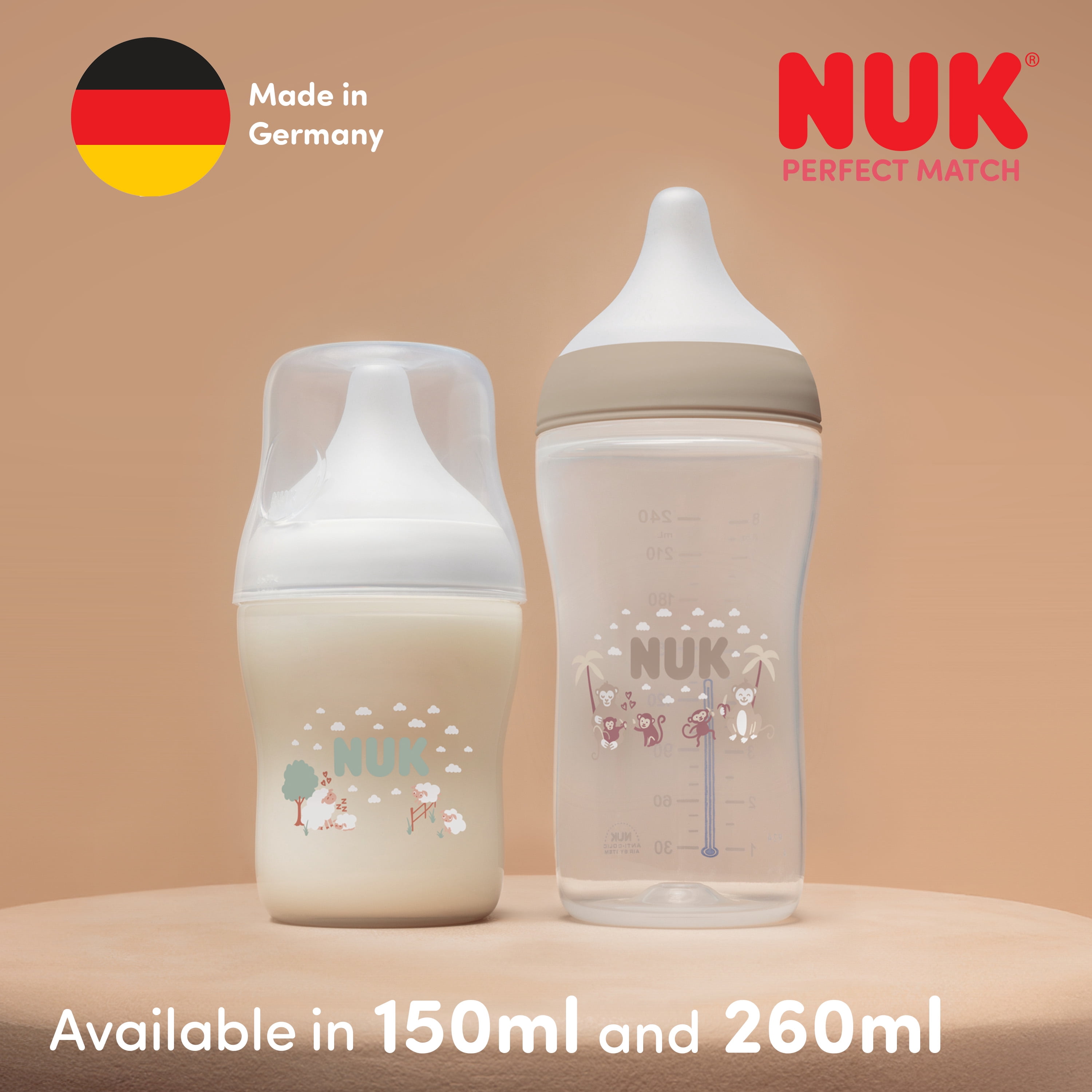 NUK Perfect Match Baby Bottle, 3+ Months, 260 ml, Anti Colic Feeding Bottle, Plastic, Temperature Control Indicator, Sheep, 3 Count