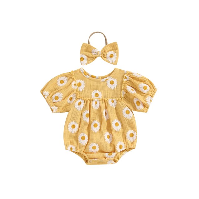 Wangsaura Nouveau-Né Bébé Filles Rompers Marguerite Impression Manches Courtes Col Rond Bébé Bodys Vêtements d'Été avec Bandeau