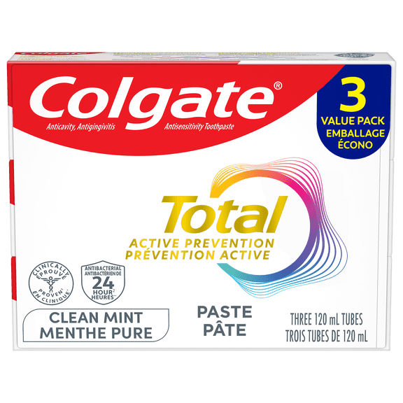 Colgate Total Prévention Active Menthe Pure Dentifrice, Emballage Écono, 3x120 ml