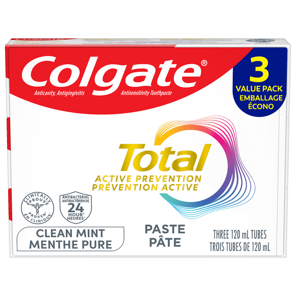 Colgate Total Prévention Active Menthe Pure Dentifrice, Emballage Écono, 3x120 ml