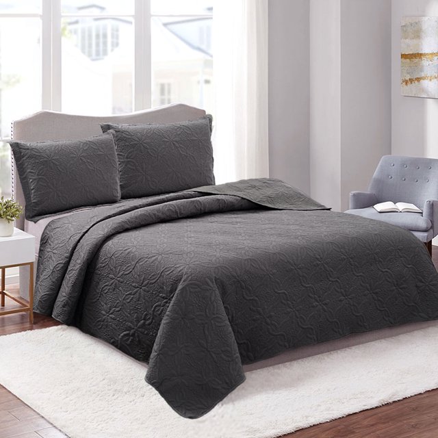JML 3 Pieces King Quilt Set, Soft Lightweight Microfiber Bedspread,1 Quilt 2 Shams, Grey