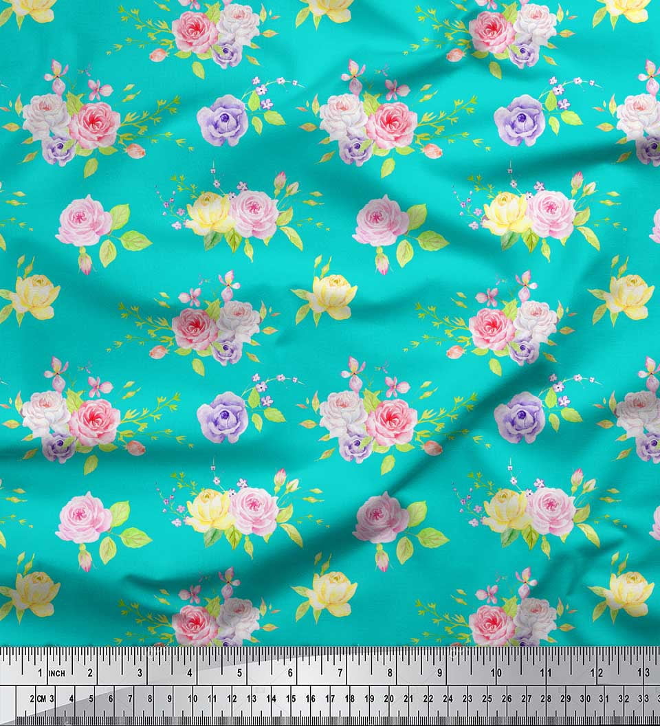 Soimoi Green Silk Fabric Leaves & Grandiflora Roses Floral Print Fabric by Yard 42 Inch Wide