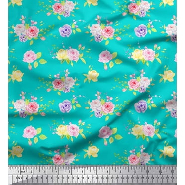 Soimoi Green Cotton Duck Fabric Leaves & Grandiflora Roses Floral Printed Craft Fabric by the Yard 56 Inch Wide