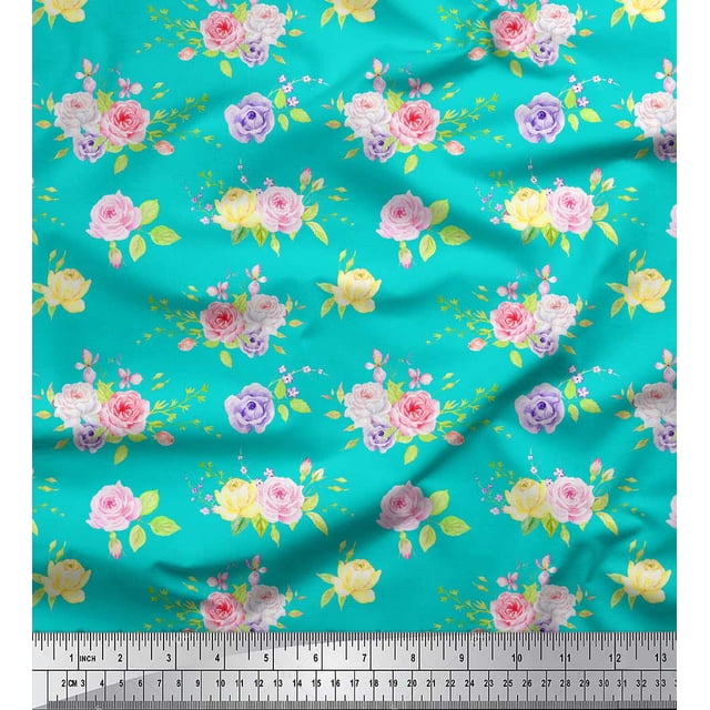 Soimoi Tissu Georgette Poly Vert Feuilles et Roses Grandiflora Imprimés Floraux au Mètre 52 Pouces de Large