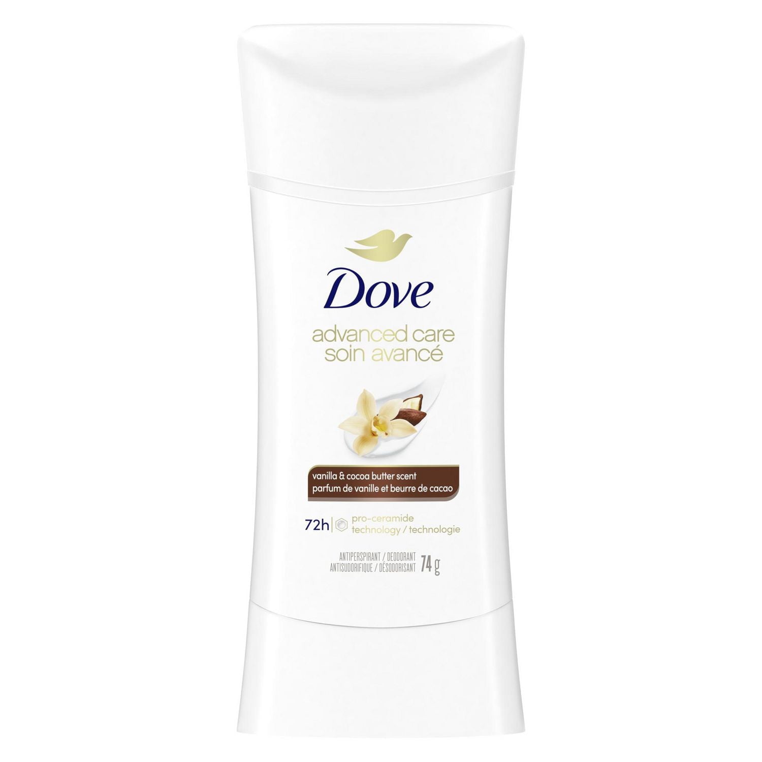 Dove Soin Avancé Désodorisant Antisudorifique Vanille et Beurre de Cacao, 74 g