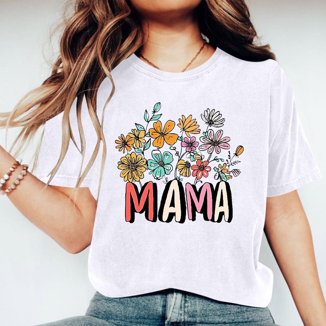 Meichang Chemises Mama pour Femmes Rétro à Fleurs Lettres Mama Imprimées T-Shirt Fête des Mères Manches Courtes Col Rond T-Shirt Graphique Maman T-Shirt Décontracté Hauts