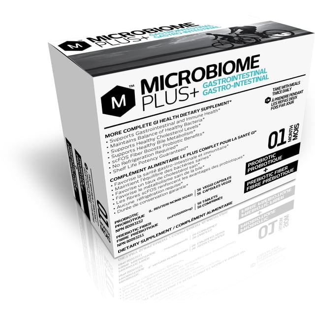 Microbiome Plus+ Combo Gastro-Intestinal Probiotique L. Reuteri NCIMB 30242 et Prébiotique Fibres scFOS Complément Alimentaire. l'Emballage Présente une Boîte Blanche avec Texte Noir et Bleu, Mettant en Valeur des Bienfaits Tels Que le Soutien de la Santé Gastro-Intestinale et Immunitaire. Comprend 56 capsules Végétales et 56 Comprimés pour un Approvisionnement d'Un Mois.