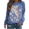 thumbnail image 1 of IROINID Vêtements d'Hiver pour Femmes Chandail à Capuche Col Rond Imprimé Chat Manches Longues T-Shirt, Bleu, 1 of 4