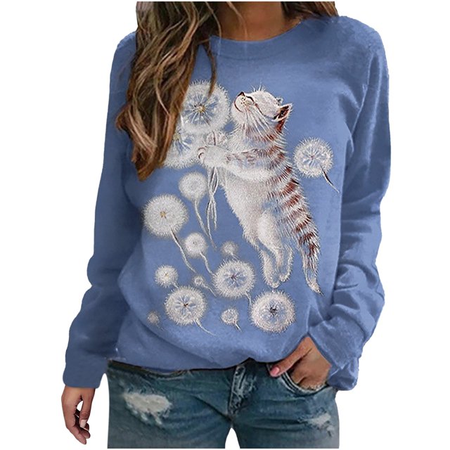 IROINID Vêtements d'Hiver pour Femmes Chandail à Capuche Col Rond Imprimé Chat Manches Longues T-Shirt, Bleu