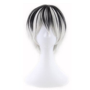 Mens Cosplay Wig Short Black Gradient Color Wig Gradient White Straight Synthetic Hair Halloween Wig