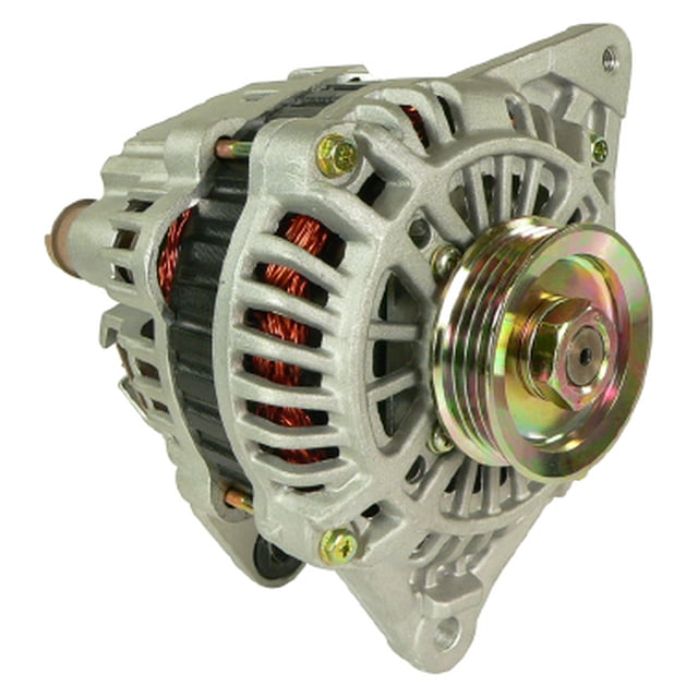 BRAND NEW MITSUBISHI Alternator for MITSUBISHI LANCER 2002-2003. A front-facing view of a brand-new aftermarket alternator with a 4-groove pulley measuring 55mm in diameter. The alternator features a durable metallic housing with visible copper windings and a gold-toned pulley. Designed for 2.0L Mitsubishi Lancer models from 2002-2003, it offers 90 AMP output and replaces various OEM and aftermarket part numbers. Suitable for Canadian vehicles, it comes with a 1-year warranty and ships directly from Canadian warehouses.