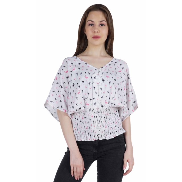 Moomaya Hauts Chauve-Souris Imprimés pour Femmes Col en V Blouse d'Été Décontractée Tunique Mode