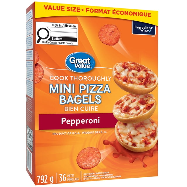 Great Value Pepperoni Mini Pizza Bagels value size box with 36 frozen mini bagels topped with melted mozzarella cheese and pepperoni slices, displayed stacked on an orange background with Ingredient Wise and nutrition labels, suitable for quick snacks or party appetizers.
