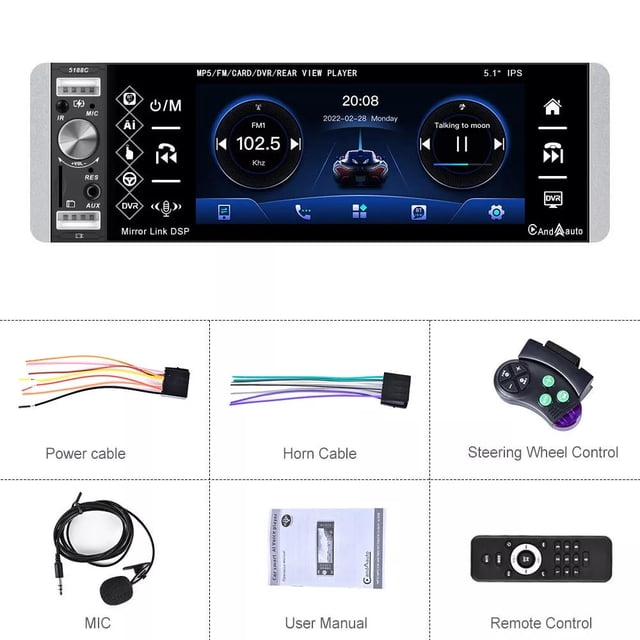5.1" Single DIN Car Radio Stereo Wireless CarPlay Auto AUX USB Bluetooth w/ MIC