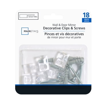 Mainstays Clips et vis de décoration pour miroirs muraux et de porte. Clips en plastique pour montage mural. Six (6) ensembles de quincaillerie. Recommandés pour les miroirs d’une épaisseur 1/8po.
