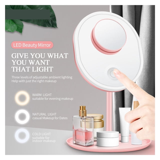 Miroir de Maquillage à DEL avec Lumière, Miroir pour le Visage avec Rangement, Miroir de Coiffeuse de Bureau Rotatif avec Lumière, Variateur Réglable, Miroir Cosmétique USB, Utilisation Grand