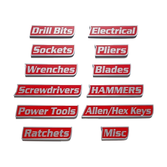 Tool Bag Category 12 Pack Toolbox Labels for 12 Organizers 3D Printed General Organization for Steel Toolboxes Carts Drawers Cabinets