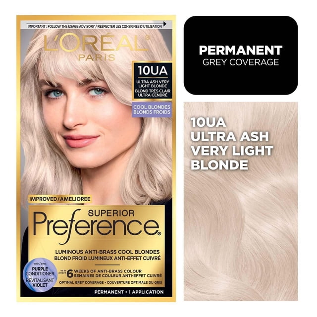 PREFERENCE PREF 10UA ULTASH XLB L'Oréal Paris Superior Préférence permanent hair dye in 10UA Ultra Ash Very Light Blonde shade, featuring luminous anti-brass cool blonde color with purple conditioner for up to 6 weeks of fade-defying permanent grey coverage and soft, silky hair.