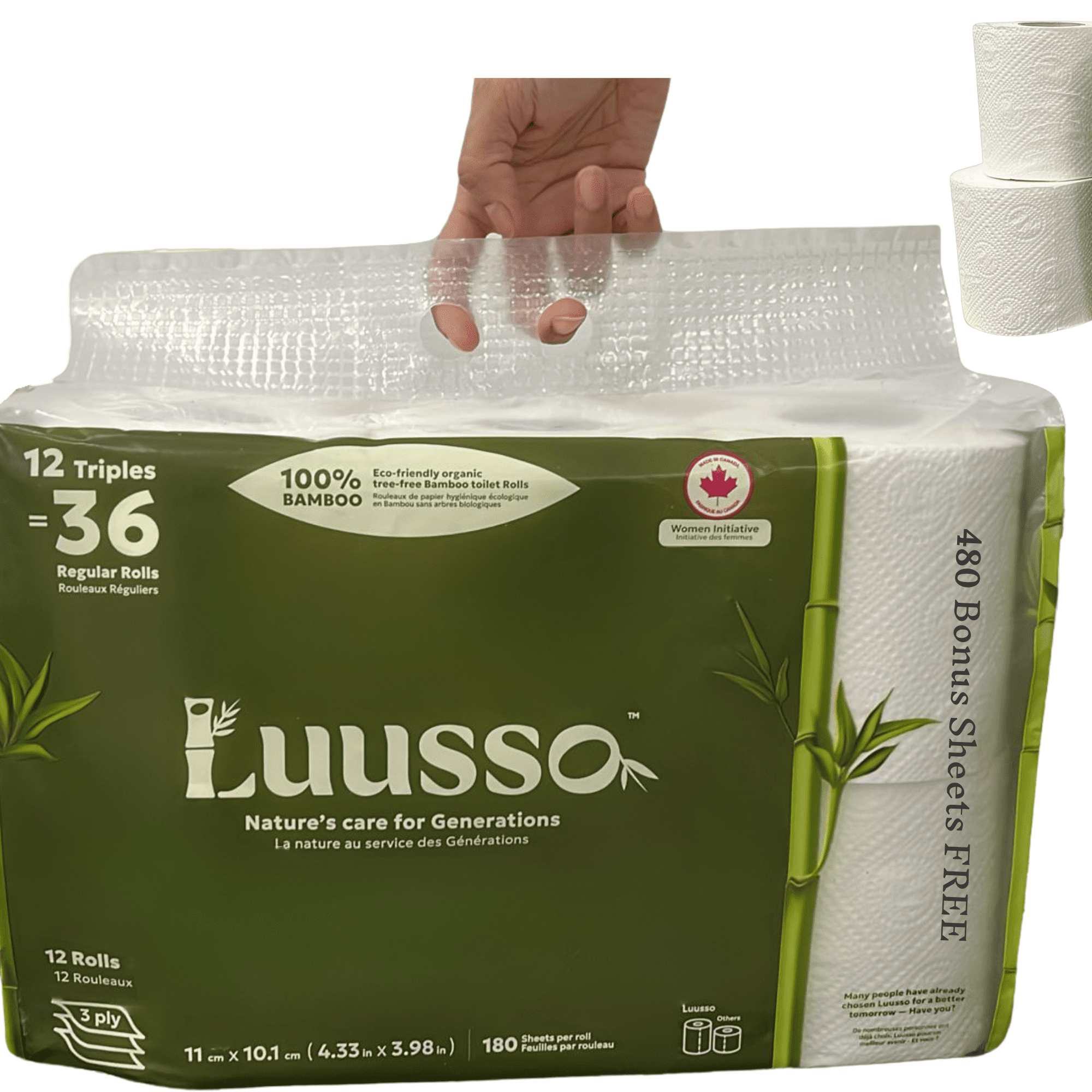 Luusso® 100% Bamboo Toilet Paper (Made in Canada), 12 XL Size Rolls (36 Regular), 3-Ply Toilet Paper Thickness, 180 Sheets, 11 cm x 10.1 cm