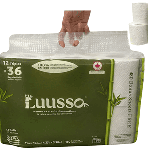Luusso® 100% Papier hygiénique en bambou (Fabriqué au Canada), 12 XL Rouleaux de taille (36 Régulièrement), 3-Ply Épaisseur du papier hygiénique, 180 Feuilles, 11 cm x 10.1 cm