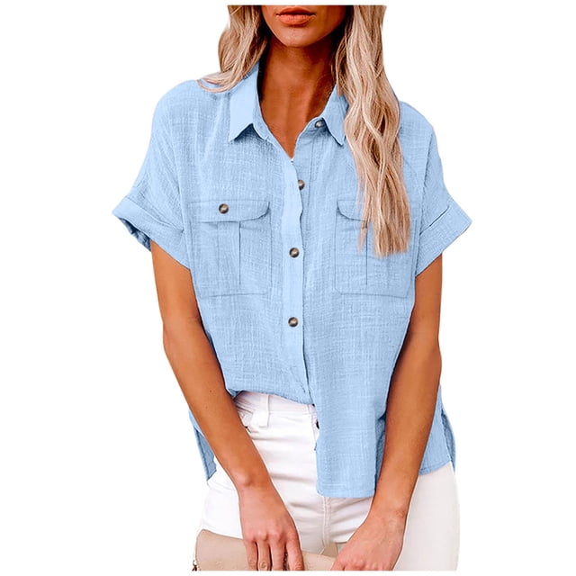 fheaev Button Up Shirts For Women Roll Up Short Sleeve Button Down Cotton Linen T-Shirts With Pocket V-Neck Work Tunics Blouse Collared Tops