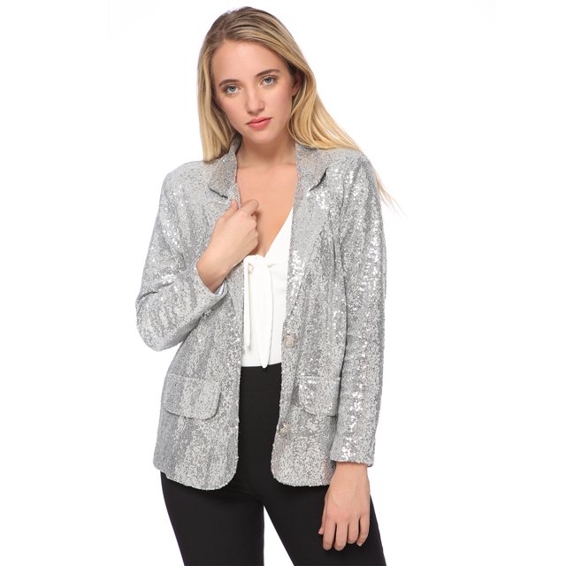Women's Evening Sparkle Sequins Open Front Long Sleeve Blazer Jacket in a silver sequin design. The blazer features a polished look with decorative pocket flaps, gem-embedded buttons, and a comfortable lining for all-day wear. Styled with a white blouse and black pants, this versatile jacket is suitable for formal events, date nights, or casual outings.