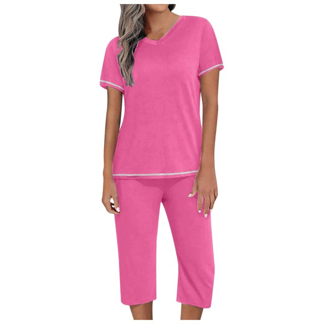 HNMKIU Plus Size Pajamas Women's Two Piece Home Wear V Neck Top Shorts Pajamas Set