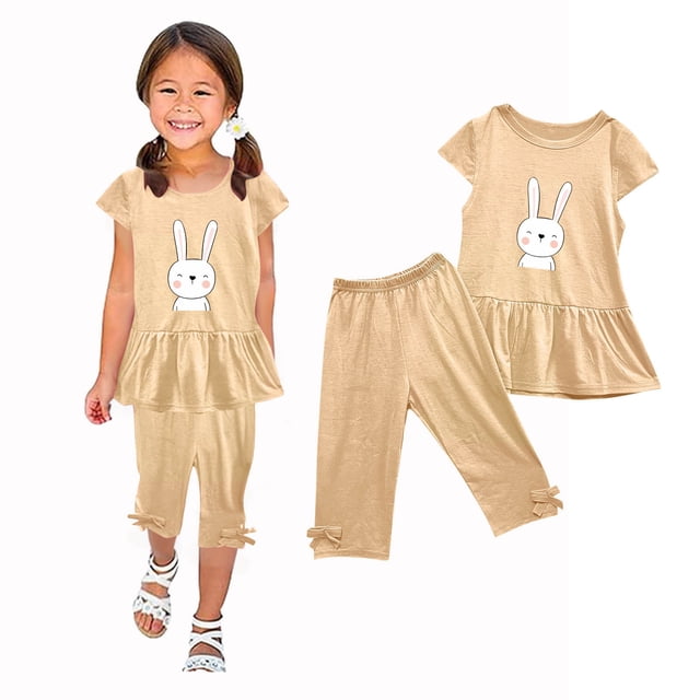 Chemises pour Filles, Ensemble Deux Pièces Été Col Rond Petit Imprimé Manches Courtes Manches Volantes Taille Élastique Pantalon Court