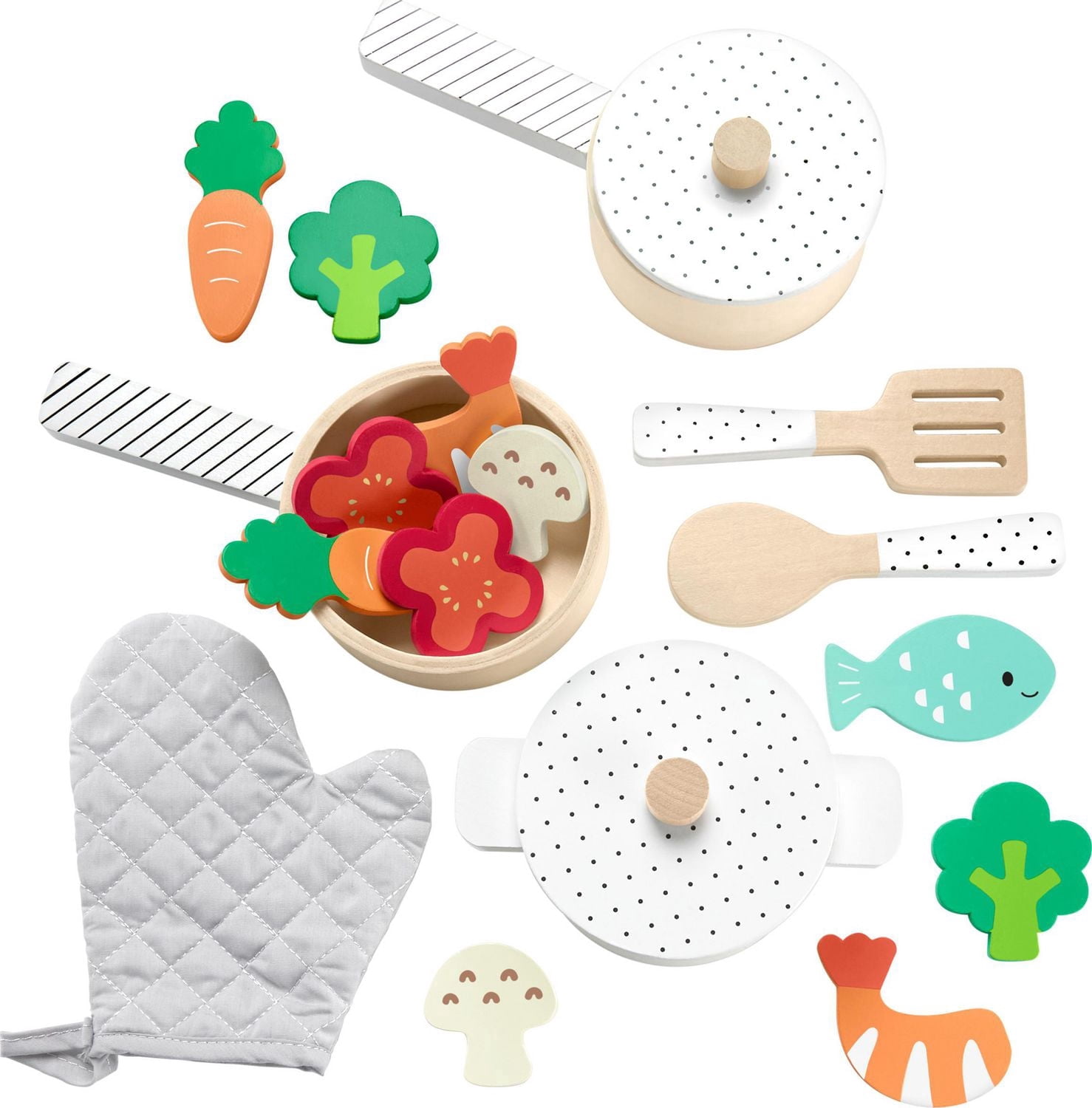 Fisher-Price Wooden Kitchen Pots & Pans Set, 19 Wood Pieces for Preschool Pretend Play, Ages 3+ Years