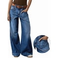thumbnail image 2 of Womens Wide Straight Leg Mid Rise Baggy Pocket Denim Jeans Without Belt Blue XXL, 2 of 9