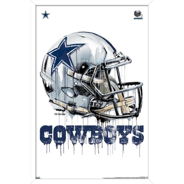 NFL Dallas Cowboys - Affiche Murale « Drip Helmet 20 », 22,375 Po x 34 Po Encadrée avec un Casque de football Argenté Orienté vers l'Avant avec un logo Étoile Bleu et un Masque Facial Noir, avec des Effets de Peinture Goutte à Goutte sur le Casque et un Texte « Cowboys » Bleu Vieilli Ci-Dessous, Ensemble dans un Cadre Blanc sur Fond Blanc, Convenant à une Déco Murale à Thème Sportif.