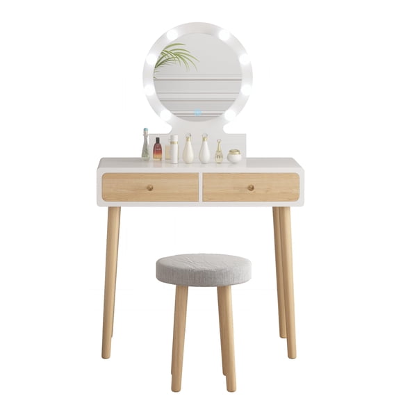 GloryStar LED Lighted Vanity Desk Set, White Makeup Dressing Table With 3 Color Mirror, Padded Stool and 2 Large Drawers for Bedroom Cosmetics, Skincare, Jewelry and Accessories