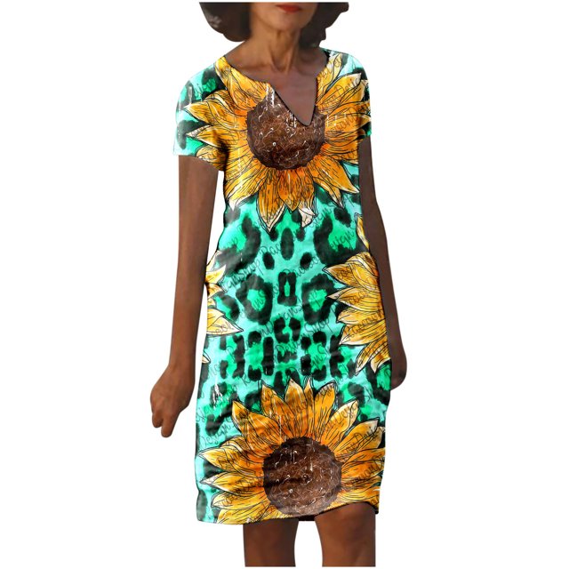 Pisexur Robe d'Été pour Femmes 2023 à Col en V à Manches Courtes Florale Décontractée de Plage Robes Imprimé Tournesol une Robe Midi en Lin