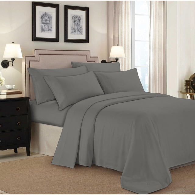 Johnson Home - 300 TC Combed Cotton Sheet Sets in grey on a bed with a beige upholstered headboard featuring nailhead trim. The set includes fitted and flat sheets with matching pillowcases in a smooth sateen weave. The bedroom has wall lamps, framed art, and beige curtains, highlighting breathable, all-season cotton bedding ideal for comfortable sleep.