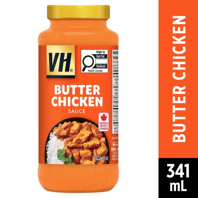 VH Gluten Free Butter Chicken Sauce in a 341 mL clear jar with a yellow lid, featuring an orange label with the VH logo, Health Canada nutrition warnings for high saturated fat and sodium, and a serving suggestion of butter chicken curry with white rice and cilantro, prepared in Canada.